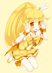 Rule 34 | 10s, 1girl, bike shorts, bike shorts under skirt, blonde hair, blush, boots, bow, cure peace, double v, full body, hair flaps, hair ornament, kise yayoi, long hair, magical girl, meito (maze), open mouth, orange shorts, ponytail, precure, raised eyebrows, shorts, shorts under skirt, simple background, skirt, smile precure!, solo, tears, v, wrist cuffs, yellow bow, yellow eyes, yellow skirt, yellow theme