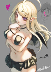Rule 34 | 1girl, ahoge, akamatsu kaede, arm under breasts, black bra, black choker, black nails, black skirt, blonde hair, blood, bra, breasts, choker, collarbone, commentary request, cowboy shot, danganronpa (series), danganronpa v3: killing harmony, demon girl, demon tail, demon wings, detached tail, earrings, fang, fortissimo, grey background, hair ornament, hairclip, hand on own chin, hands up, heart, jewelry, large breasts, long hair, looking at viewer, musical note, musical note hair ornament, nail polish, navel, nosebleed, nyuukazai, open mouth, pink blood, pink eyes, pointy ears, saihara shuichi, simple background, skirt, solo focus, swimsuit, tail, underwear, wings