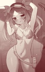 Rule 34 | 1girl, armpits, arms behind head, arms up, belt, belt buckle, bikini, bikini top only, blush, bottomless, breasts, buckle, fate/grand order, fate (series), forehead, gluteal fold, goggles, goggles on head, greyscale, hair ribbon, highres, jewelry, leonardo da vinci (fate), leonardo da vinci (swimsuit ruler) (fate), licking lips, long hair, looking at viewer, m-da s-tarou, monochrome, navel, necklace, parted bangs, ribbon, sidelocks, small breasts, smile, solo, star (symbol), star necklace, sweat, swimsuit, thighs, tongue, tongue out, twintails, wet