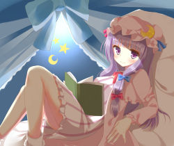 Rule 34 | 1girl, absurdres, bad id, bad pixiv id, bed, blunt bangs, breasts, canopy, crescent, dress, female focus, hair ribbon, hat, highres, kajuu aisu, long hair, looking at viewer, lying, on back, patchouli knowledge, purple eyes, purple hair, ribbon, smile, solo, star (symbol), touhou