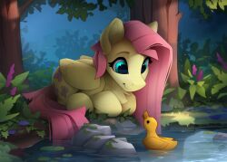 Rule 34 | bird, blue eyes, duck, fluttershy, forest, highres, long hair, my little pony, my little pony: friendship is magic, nature, no humans, outdoors, pegasus, pegasus wings, pink hair, plant, tree, water, yakovlev-vad, yellow fur