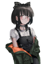 Rule 34 | 1girl, absurdres, black bow, black hair, black vest, bow, choker, corset, cross, cross earrings, cross necklace, earrings, gishiki (gshk), glasses, green jacket, hair bow, highres, jacket, jacket partially removed, jewelry, looking at viewer, medium hair, necklace, off shoulder, original, parted lips, red eyes, round eyewear, shirt, simple background, solo, spiked choker, spikes, upper body, vest, white background, white shirt