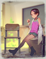 Rule 34 | 1girl, black footwear, boots, brown hair, camisole, chair, classroom, dated, green shorts, grey eyes, hair ornament, hairclip, highres, indoors, looking at viewer, muk (monsieur), original, pink camisole, sana (tiny evil), short hair, shorts, signature, smile, solo, tiny evil
