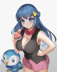 Rule 34 | 1girl, absurdres, alternate breast size, black shirt, blue eyes, blue hair, breasts, cleavage, closed mouth, commentary request, cowboy shot, creatures (company), dawn (pokemon), eyelashes, game freak, gen 4 pokemon, hair ornament, hairclip, hand on own hip, highres, holding, holding poke ball, large breasts, maboroshi yuki shiro, nintendo, pink skirt, piplup, poke ball, poke ball (basic), pokemon, pokemon (anime), pokemon (creature), pokemon dppt (anime), scarf, shirt, skirt, sleeveless, sleeveless shirt, smile