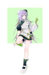 Rule 34 | 1girl, absurdres, aoyeshangshendetongxiao, apron, arknights, asymmetrical sleeves, black shirt, black shorts, black socks, bottle, bun cover, closed mouth, commentary request, crop top, double bun, full body, gloves, green background, green gloves, hair bun, highres, holding, long hair, long sleeves, looking at viewer, mulberry (arknights), mulberry (plant crude drug) (arknights), official alternate costume, puffy short sleeves, puffy sleeves, purple eyes, purple hair, scissors, shirt, shoes, short shorts, short sleeves, shorts, single glove, socks, solo, spray bottle, standing, standing on one leg, two-tone background, very long hair, white apron, white background, white footwear, white shirt, wide sleeves