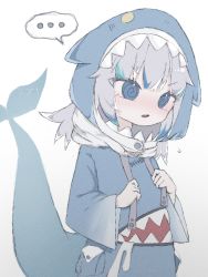 Rule 34 | ..., 1girl, @ @, animal costume, animal hood, animal hoodie, blue eyes, blue hair, blue hoodie, blunt bangs, blush, drawstring, eyes visible through hair, fins, fish tail, gawr gura, gawr gura (1st costume), grey hair, hair ornament, highres, hololive, hololive english, holomyth, hood, hood up, hoodie, long sleeves, medium hair, multicolored clothes, multicolored hair, multicolored hoodie, open mouth, roiyalty, shark costume, shark girl, shark hair ornament, shark hood, shark hoodie, shark tail, sharp teeth, simple background, solo, strap pull, streaked hair, tail, teeth, two side up, upper teeth only, virtual youtuber, white background, wide sleeves