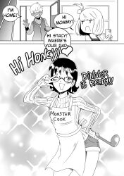 Rule 34 | 1boy, 2girls, absurdres, apron, black hair, comic, cowboy shot, english text, family, father and daughter, glasses, greyscale, hand on own hip, highres, holding, holding ladle, ladle, medium hair, monochrome, mother and daughter, multiple girls, one eye closed, open mouth, original, print apron, short hair, shorts, smile, speech bubble, sweater, tomboy, trap, w, wanderjegson, white apron, white hair, white sweater