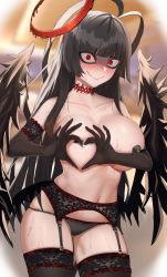 Rule 34 | 1girl, absurdres, black gloves, black hair, black panties, black thighhighs, black wings, blue archive, blunt bangs, blurry, blurry background, blush, breasts, choker, closed mouth, elbow gloves, garter belt, garter straps, gloves, halo, heart, heart-shaped boob challenge, heart hands, heart pasties, highres, huge breasts, k.pumpkin, lace trim, long hair, looking at viewer, low wings, messy hair, panties, pasties, red choker, red eyes, solo, sweat, nervous sweating, thick thighs, thighhighs, thighs, tsurugi (blue archive), underwear, very long hair, wavy mouth, wings