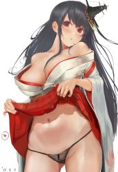 Rule 34 | 1girl, absurdres, black hair, black panties, blush, breasts, brown eyes, clothes lift, dated, detached sleeves, floral print, fusou (kancolle), fusou kai ni (kancolle), hair ornament, headgear, heart, highres, japanese clothes, kantai collection, large breasts, leaf print, lifted by self, long hair, long sleeves, navel, open mouth, ototoi koi, panties, red skirt, simple background, skirt, skirt lift, solo, spoken heart, underwear, white background, wide sleeves