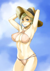 Rule 34 | 10s, 1girl, armpits, arms up, bikini, blonde hair, blue eyes, breasts, cleavage, day, final fantasy, final fantasy xiv, hat, hyur, large breasts, looking at viewer, minfilia warde, navel, ooshima ryou, short hair, sky, smile, solo, standing, swimsuit