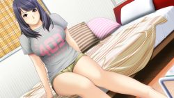 Rule 34 | 1girl, 403, bare legs, bed, bed sheet, bedroom, blush, breasts, clothes writing, curtains, dutch angle, grey shirt, highres, http status code, indoors, ino (magloid), large breasts, long hair, looking at viewer, pillow, purple hair, shirt, short shorts, shorts, sister scheme 2, sitting, solo, t-shirt, taut clothes, taut shirt, worried, yanagawa misaki