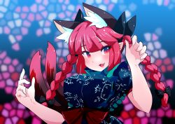 Rule 34 | 1girl, :3, :d, animal ear fluff, animal ears, black bow, blue dress, blunt bangs, blurry, blurry background, blush, bow, braid, breasts, cat ears, cat tail, dress, extra ears, fangs, foul detective satori, frills, gachirin (mint0527), hair bow, hands up, highres, kaenbyou rin, long hair, looking at viewer, medium breasts, mosaic background, multiple tails, nekomata, open mouth, pointy ears, puffy short sleeves, puffy sleeves, red bow, red eyes, red hair, short sleeves, slit pupils, smile, solo, stained glass, tail, touhou, tsurime, twin braids, twintails, two tails, upper body, waist bow