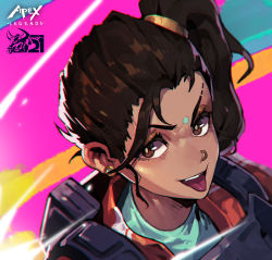 Rule 34 | 1girl, animification, apex legends, aqua shirt, bright pupils, brown eyes, brown hair, commentary, copyright name, dark-skinned female, dark skin, english commentary, eyebrow cut, facial mark, forehead mark, from above, hair behind ear, highres, jacket, mar10, orange jacket, pink background, portrait, rampart (apex legends), shirt, side ponytail, smile, solo, tongue, tongue out, v-shaped eyebrows, white pupils