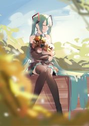 Rule 34 | absurdly long hair, aqua hair, aqua skirt, bare shoulders, black skirt, black sleeves, black thighhighs, blue sky, blurry, blurry foreground, bouquet, chinese commentary, closed eyes, collared shirt, commentary request, day, detached sleeves, flower, full body, hair between eyes, hatsune miku, jiu ye sang, knees together feet apart, long hair, long sleeves, hugging object, photo-referenced, shirt, sitting, skirt, sky, sleeveless, sleeveless shirt, sleeves past wrists, smile, thighhighs, twintails, two-tone skirt, very long hair, vocaloid