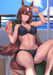 Rule 34 | 1girl, absurdres, alternate costume, animal ears, arm up, bikini, black bikini, blue sky, bracelet, breasts, brown hair, cleavage, cloud, cloudy sky, commentary request, cup, day, drinking straw, ear ornament, grin, guchi (pixiv 98048463), hair between eyes, highres, holding, holding cup, horse ears, horse girl, horse tail, jewelry, knee up, large breasts, long hair, looking at viewer, multicolored hair, navel, outdoors, red eyes, sirius symboli (umamusume), sitting, sky, smile, solo, streaked hair, swimsuit, tail, umamusume, very long hair, white hair