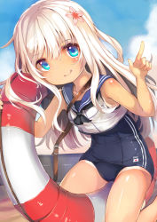 Rule 34 | 10s, 1girl, beach, belt, between thighs, blue eyes, blue sky, blush, buckle, closed mouth, cloud, crop top, day, eyebrows, flower, hair flower, hair ornament, index finger raised, kantai collection, lifebuoy, long hair, looking at viewer, md5 mismatch, one-piece swimsuit, one-piece tan, outdoors, ro-500 (kancolle), sailor collar, sand, school swimsuit, school uniform, sky, sleeveless, smile, solo, string, swim ring, swimsuit, swimsuit under clothes, tan, tanline, torpedo, umagenzin