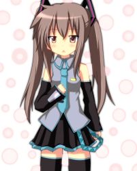 Rule 34 | 1girl, brown eyes, brown hair, cosplay, detached sleeves, hatsune miku, hatsune miku (cosplay), long hair, lucky star, mai (t-5), mai t-5, nagamori yamato, solo, thighhighs, transparent background, twintails, vocaloid