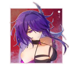 Rule 34 | 1girl, acheron (honkai: star rail), armor, bare shoulders, black choker, breasts, choker, ciyanweiqing, cleavage, commentary request, criss-cross halter, cropped shirt, cropped shoulders, hair intakes, hair ornament, hair over one eye, halterneck, highres, honkai: star rail, honkai (series), large breasts, long hair, looking at viewer, purple eyes, purple hair, red background, shoulder armor, simple background, solo, twitter username, two-tone background, white background