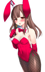 Rule 34 | 1girl, animal ears, black pantyhose, blunt bangs, bow, bowtie, breasts, brown eyes, brown hair, cleavage, commentary request, covered erect nipples, covered navel, cowboy shot, detached collar, earrings, elbow gloves, fishnet pantyhose, fishnets, gloves, highres, idolmaster, idolmaster cinderella girls, jewelry, leotard, long hair, looking at viewer, medium breasts, mizumoto yukari, okuri banto, pantyhose, playboy bunny, rabbit ears, red bow, red bowtie, red gloves, red leotard, simple background, solo, strapless, strapless leotard, white background