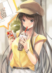 Rule 34 | 1girl, belt, belt buckle, blurry, blurry background, blush, breasts, brown belt, brown hair, brown hat, bubble tea, buckle, cabbie hat, cellphone, closed mouth, collarbone, commentary request, cup, depth of field, disposable cup, drinking straw, grey eyes, hat, heart, holding, holding cup, holding phone, kagachi saku, long hair, medium breasts, original, phone, shirt, sidelocks, signature, skirt, smile, solo, very long hair, white skirt, yellow shirt