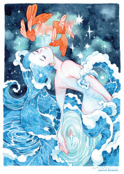Rule 34 | 1girl, artist name, bare back, bare shoulders, blue hair, blue sky, border, breaking wave, closed mouth, cloud, expressionless, fins, fish, floating, from behind, goldfish, head back, liquid hair, long hair, maruti bitamin, nature, night, night sky, nude, ocean, orange scales, original, painting (medium), partially submerged, sky, solo, sparkle, star (sky), starry sky, traditional media, very long hair, water, watercolor (medium), waves, whirlpool, white border