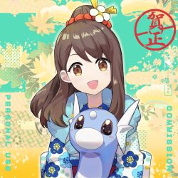Rule 34 | blue background, blue skin, blush, brown eyes, brown hair, colored skin, commentary, commission, creatures (company), dratini, flower, forehead jewel, game freak, gen 1 pokemon, hair flower, hair ornament, head wings, highres, hsin, japanese clothes, kimono, long hair, looking at viewer, lotus, nintendo, open mouth, original, pokemon, pokemon (creature), smile, snake, two-tone background, upper body, watermark, wings, yellow background