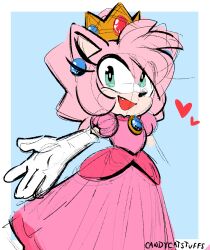 Rule 34 | 1girl, amy rose, animal ears, animal nose, blue background, border, brooch, candycatstuffs, commentary, cosplay, crown, dress, earrings, elbow gloves, english commentary, fang, furry, furry female, gloves, green eyes, heart, highres, jewelry, looking at viewer, mario (series), nintendo, open mouth, outside border, pink dress, princess peach, princess peach (cosplay), puffy short sleeves, puffy sleeves, short sleeves, signature, simple background, sketch, smile, solo, sonic (series), standing, white border, white gloves