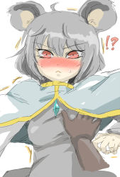 Rule 34 | !?, 1girl, ahoge, animal ears, blush, grabbing another&#039;s breast, breasts, capelet, dress, embarrassed, face, female focus, frown, ginji (sakaki summer), grabbing, grey dress, grey hair, groping, jewelry, male hand, medium breasts, mouse ears, nazrin, necklace, nose blush, red eyes, sketch, solo focus, touhou, white background