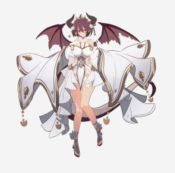Rule 34 | 1girl, absurdres, amano haruka (sakogamitokuan), bare shoulders, breasts, commentary request, dragon girl, dragon horns, dragon tail, dragon wings, dress, elbow gloves, full body, gloves, granblue fantasy, grea (shingeki no bahamut), highres, horns, large breasts, pointy ears, princess connect!, purple eyes, red eyes, short hair, sleeveless, sleeveless dress, solo, tail, white background, white dress, white gloves, wings
