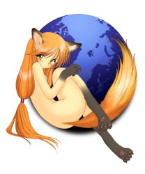 Rule 34 | 1girl, animal ears, animal hands, artist request, blush, earth (planet), fox ears, fox tail, giant, giantess, huge giantess, long hair, mozilla firefox, nude, orange hair, os-tan, personification, planet, solo, tail, yellow eyes