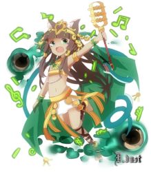 Rule 34 | 1girl, animal ears, anklet, bastet (p&amp;d), bracelet, brown hair, dark skin, fang, green eyes, jewelry, long hair, lots of jewelry, midriff, music, open mouth, puzzle &amp; dragons, very long hair