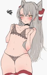Rule 34 | 1girl, amatsukaze (kancolle), bra, breasts, brown bra, brown panties, chigasaki yukari, choker, commentary request, cowboy shot, hair tubes, highres, kantai collection, long hair, looking at viewer, panties, red thighhighs, silver hair, simple background, small breasts, solo, squiggle, striped clothes, striped thighhighs, thighhighs, two side up, underwear, underwear only, white background