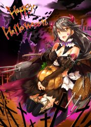Rule 34 | &gt;:d, 1girl, :d, alternate costume, black dress, black hair, black thighhighs, brown eyes, dress, fang, hair between eyes, halloween costume, haruna (kancolle), heart, horns, kantai collection, kyougoku touya, long hair, machinery, open mouth, pumpkin, smile, solo, thighhighs, turret, v-shaped eyebrows
