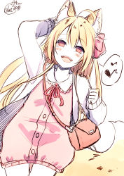 Rule 34 | 1girl, :d, animal ear fluff, animal ears, arm up, bag, blonde hair, blush, bow, chita (ketchup), dress, eighth note, fangs, fox ears, fox girl, fox tail, hair between eyes, hair bow, jacket, long hair, long sleeves, looking at viewer, musical note, neck ribbon, open clothes, open jacket, open mouth, original, pink dress, red bow, red eyes, red ribbon, ribbon, shoulder bag, signature, simple background, sketch, sleeves past wrists, smile, solo, spoken musical note, tail, thigh gap, very long hair, white background, white jacket