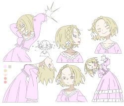 Rule 34 | 1girl, :d, absurdres, blonde hair, blush, braid, character sheet, claws, color guide, dress, closed eyes, flat color, frown, head back, highres, laughing, layered dress, leaning back, leaning to the side, masikakuma, open mouth, original, purple dress, simple background, smile, standing, waving, white background