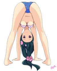 Rule 34 | 1girl, all fours, ass, barefoot, bent over, bikini, breasts, flower, from behind, green hair, hair flower, hair ornament, hairline, hanging breasts, katanagatari, long hair, looking at viewer, looking through own legs, navel, nem (artist), purple eyes, solo, swimsuit, transparent background, underboob, upside-down, yasuri nanami