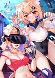 Rule 34 | 2girls, :3, :d, animal ear fluff, animal ears, artist name, bare shoulders, blonde hair, breasts, camisole, cat ears, cleavage, clothing cutout, colored inner hair, commentary, covered navel, crop top, dual persona, english commentary, english text, facial mark, fangs, groin, hair ornament, hairclip, head-mounted display, highres, holding, looking at viewer, manta ray, medium breasts, medium hair, midriff, multicolored hair, multiple girls, navel, open mouth, purple hair, red eyes, shirt, shoulder cutout, shyrei faolan, smile, squchan, stomach, strap slip, thighs, two-tone hair, virtual youtuber, vyugen, watermark, web address, whisker markings, white shirt, x hair ornament