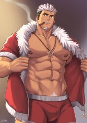 Rule 34 | 1boy, abs, absurdres, bara, bare pectorals, beckoning, black hair, boxers, bulge, christmas, cigar, come hither, dark-skinned male, dark skin, facial hair, fur-trimmed jacket, fur trim, goatee, green hair, highres, jacket, jewelry, large pectorals, long sideburns, looking at viewer, male focus, male underwear, mature male, multicolored hair, muscular, muscular male, navel, necklace, nipples, no pants, open clothes, open jacket, original, paid reward available, pectorals, pubic hair, pubic hair peek, red male underwear, santa (zifu), seductive smile, short hair, sideburns, smile, smoke, smoking, solo, star (symbol), star necklace, stomach, streaked hair, thick thighs, thighs, two-tone hair, underwear, undressing, white hair, zifu