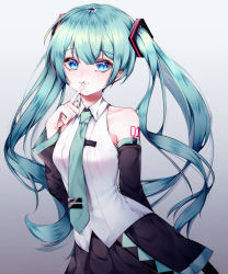 Rule 34 | 1girl, arm tattoo, bad id, bad pixiv id, black skirt, blue eyes, blue hair, blue necktie, commentary, detached sleeves, finger to mouth, floating hair, gradient background, hatsune miku, highres, hyunnim01, long hair, necktie, skirt, solo, tattoo, twintails, vocaloid