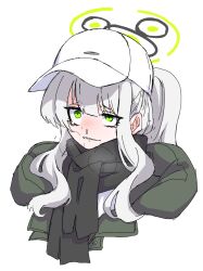 Rule 34 | 1girl, black halo, black scarf, blue archive, dr yamero, green eyes, green halo, grey hair, halo, hare (blue archive), hare (camp) (blue archive), hat, highres, long hair, multicolored halo, peaked cap, ponytail, runny nose, scarf, sidelocks, snot, solo, white background, white hat