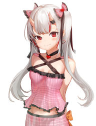 Rule 34 | 1girl, arms behind back, bare shoulders, black ribbon, blush, breasts, choker, closed mouth, earrings, frilled shirt collar, frills, hair ribbon, heart, heart choker, heart earrings, hololive, horns, jewelry, long hair, looking at viewer, midriff peek, multicolored hair, nakiri ayame, oni, pink ribbon, pink shirt, pink skirt, plaid, plaid shirt, plaid skirt, red eyes, red hair, ribbon, shancha, shirt, shy, silver hair, simple background, skin-covered horns, skirt, small breasts, smile, solo, streaked hair, twintails, upper body, virtual youtuber, white background