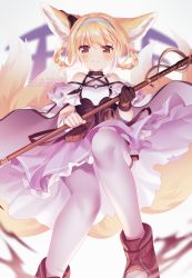 Rule 34 | 1girl, animal ears, arknights, artist name, bare shoulders, black footwear, black gloves, blonde hair, blouse, blue hairband, blush, boots, braid, braided hair rings, brown eyes, closed mouth, commentary request, fox ears, fox girl, fox tail, frilled skirt, frills, gloves, hair between eyes, hair rings, hairband, highres, holding, infection monitor (arknights), kitsune, kyuubi, looking at viewer, multicolored hair, multiple tails, pantyhose, pixiv id, purple skirt, rimuu, shirt, single glove, single wrist cuff, skirt, smile, solo, suzuran (arknights), tail, twin braids, twitter username, two-tone hair, white hair, white pantyhose, white shirt, wrist cuffs