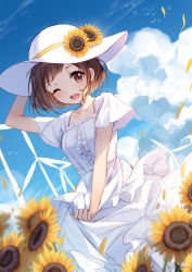 Rule 34 | 1girl, ;d, arm up, bang dream!, bison cangshu, blue sky, blush, breasts, brown eyes, brown hair, center frills, cloud, cloudy sky, collarbone, commentary request, day, dress, flower, frills, hand on headwear, hat, hazawa tsugumi, highres, looking at viewer, one eye closed, open mouth, outdoors, petals, short sleeves, sky, small breasts, smile, solo, sun hat, sunflower, teeth, upper teeth only, white dress, white hat, wind turbine, windmill, yellow flower