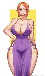 Rule 34 | 1girl, alternate costume, arthydraws, arthyk, breasts, cleavage, covered navel, dress, earrings, hair ornament, hand on own hip, highres, huge breasts, jewelry, large breasts, lipstick, looking at viewer, makeup, medium hair, nami (one piece), nami (one piece) (post-timeskip), nami (one piece) (zou), official alternate costume, one piece, orange eyes, orange hair, pinup (style), purple dress, revealing clothes, short dress, shoulder tattoo, side slit, simple background, smile, solo, stud earrings, tattoo, teeth, watermark, wide hips