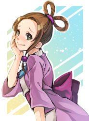 Rule 34 | 1girl, ace attorney, aged up, bad id, bad pixiv id, blue background, brown hair, gradient background, green eyes, hand on own face, japanese clothes, kat (bu-kunn), magatama, pearl fey, phoenix wright: ace attorney - dual destinies, short hair, smile, solo, yellow background