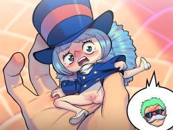Rule 34 | 1boy, 1girl, accident, arm support, blue eyes, blue hair, blush, cleft of venus, coat, embarrassed, fake facial hair, fake mustache, full body, green hair, hat, high heels, highres, leg up, lewlem, lifting another&#039;s clothes, long sleeves, low twintails, male hand, mini person, minigirl, no panties, one piece, open mouth, pussy, roronoa zoro, scarf, shoes, short twintails, sitting, spread legs, sunglasses, surprised, sweat, tears, teeth, twintails, uncensored, wardrobe malfunction, wicca