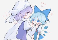 Rule 34 | 2girls, :t, arm belt, artist name, blue bow, blue eyes, blue hair, blue vest, blush, bow, cirno, closed mouth, commentary request, cropped torso, hair between eyes, hair bow, hands on another&#039;s cheeks, hands on another&#039;s face, hat, highres, ice, ice wings, juliet sleeves, letty whiterock, long sleeves, looking at another, m (m073111), medium hair, mob cap, multiple girls, open mouth, puffy short sleeves, puffy sleeves, purple eyes, purple hair, purple vest, scarf, short sleeves, sparkle, star (symbol), touhou, vest, wavy hair, white headwear, white scarf, wings