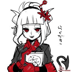 Rule 34 | 1girl, :d, black shirt, book, collared shirt, demon girl, demon horns, demon tail, gloves, hair ornament, hair stick, hands up, helltaker, highres, holding, holding book, horns, looking at viewer, lucifer (helltaker), mole, mole under eye, open mouth, red eyes, red gloves, shirt, sidelocks, signature, simple background, smile, sofra, solo, tail, tail raised, translation request, twitter username, upper body, white background, white hair