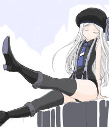 Rule 34 | 10s, 1girl, aoki hagane no arpeggio, black footwear, boots, closed eyes, fur-trimmed boots, fur boots, fur trim, futaba yodomu, hat, knee boots, long hair, musashi (aoki hagane no arpeggio), shorts, sitting, solo, suspenders, thighhighs, white hair