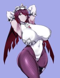 Rule 34 | 1girl, armpits, arms behind head, bare shoulders, bodysuit, cowboy shot, curvy, detached sleeves, elbow gloves, fishnet legwear, fishnets, genshin impact, gloves, hair between eyes, highres, impossible bodysuit, impossible clothes, nun, owner1657, purple eyes, purple hair, red eyes, red hair, rosaria (genshin impact), short hair, solo, standing, two-tone dress, veil